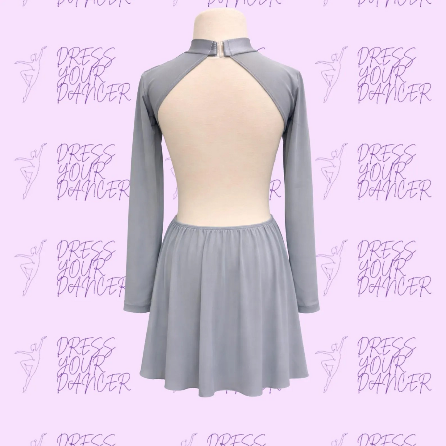 In Stock - Silver Gray Child Medium Unsteady Dance Costume - One Piece Costume With Long Sleeves Draped Front Skirt and Longer Back Skirt
