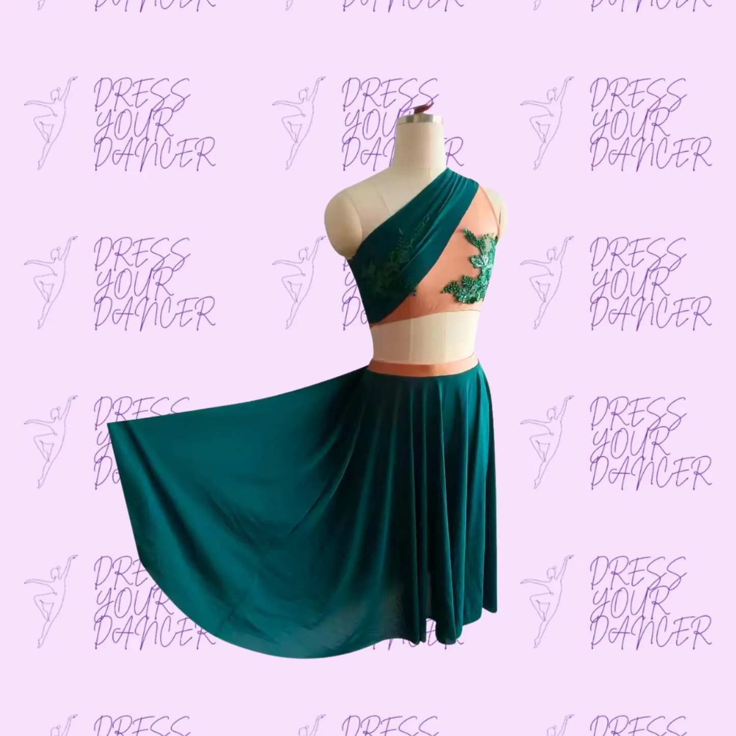 In Stock - Emerald & Coral Child Medium Wildest Dreams Dance Costume With Applique Two Piece Lyrical or Contemporary Outfit