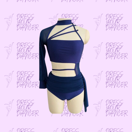 Midnight Echoes Dance Costume – One Sleeve Strappy Mesh Design, Edgy Contemporary Lyrical Dance Competition Catalog Costume, Teen Open Dance