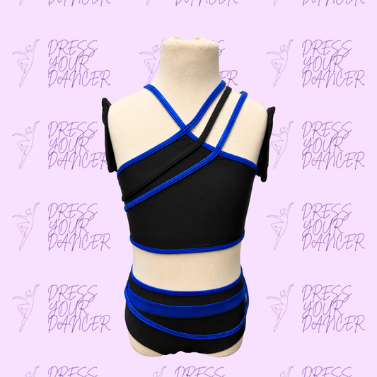 In Stock - Black & Royal Blue Holographic Dot Child Medium Yeah! Dance Costume Two Piece Jazz Outfit