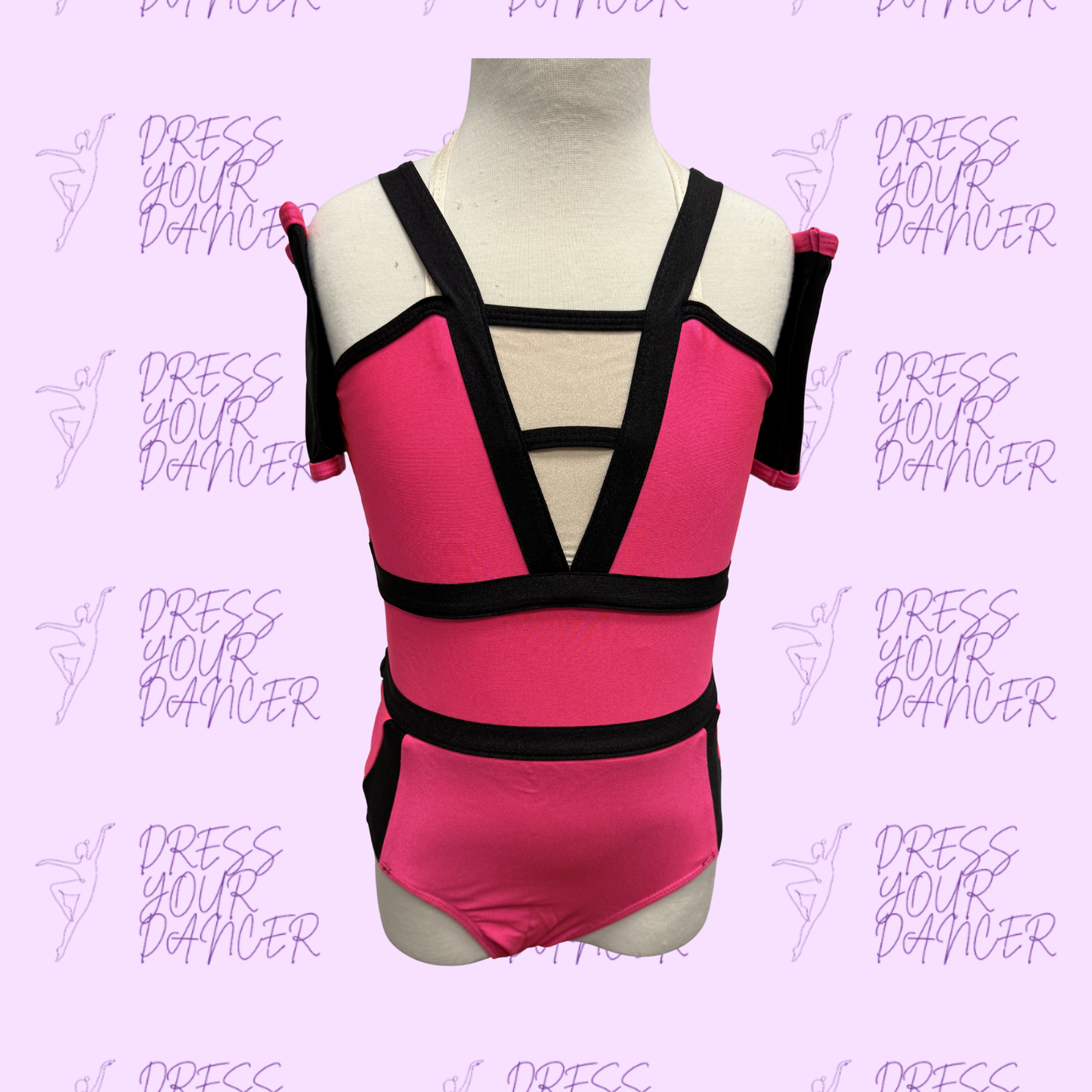 Dance Costume - In Stock Neon Pink, Black & Nude Child Medium Take Five Jazz Costume One Piece Dance Outfit