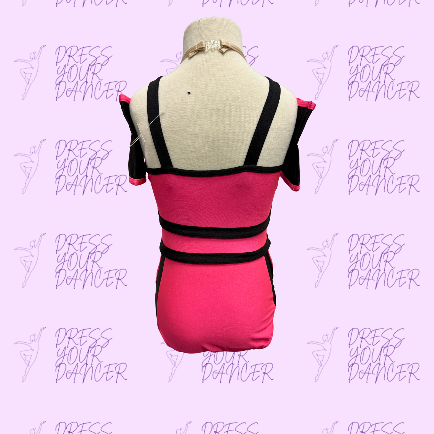 Dance Costume - In Stock Neon Pink, Black & Nude Child Medium Take Five Jazz Costume One Piece Dance Outfit