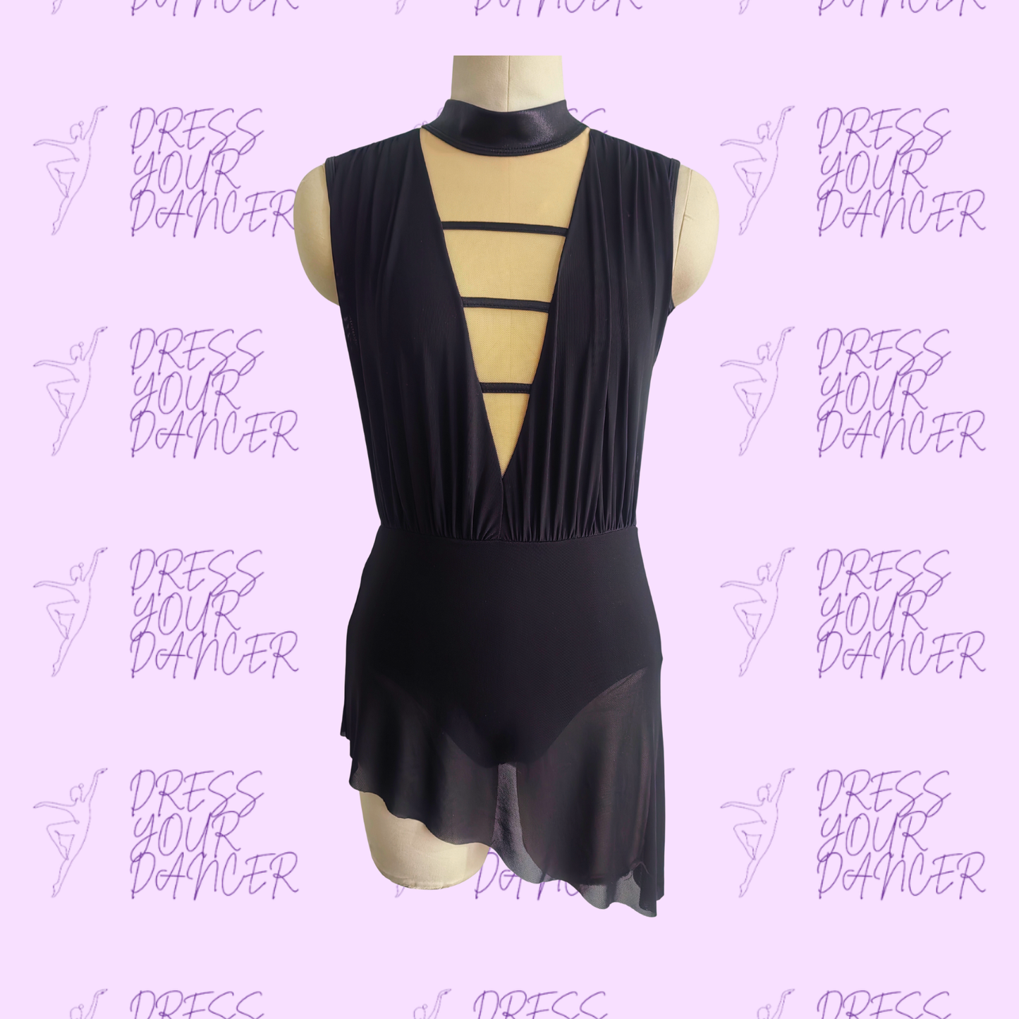 In Stock - Black Adult Small Lose Control Dance Costume Contemporary Lyrical Dress Deep V Open Back Strappy Detail Flow Mesh Skirt Outfit