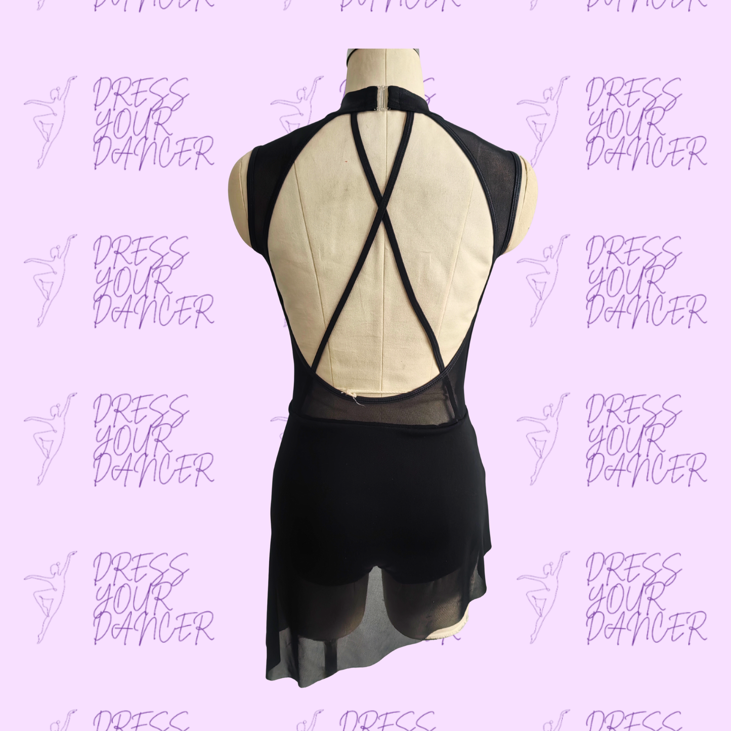In Stock - Black Adult Small Lose Control Dance Costume Contemporary Lyrical Dress Deep V Open Back Strappy Detail Flow Mesh Skirt Outfit