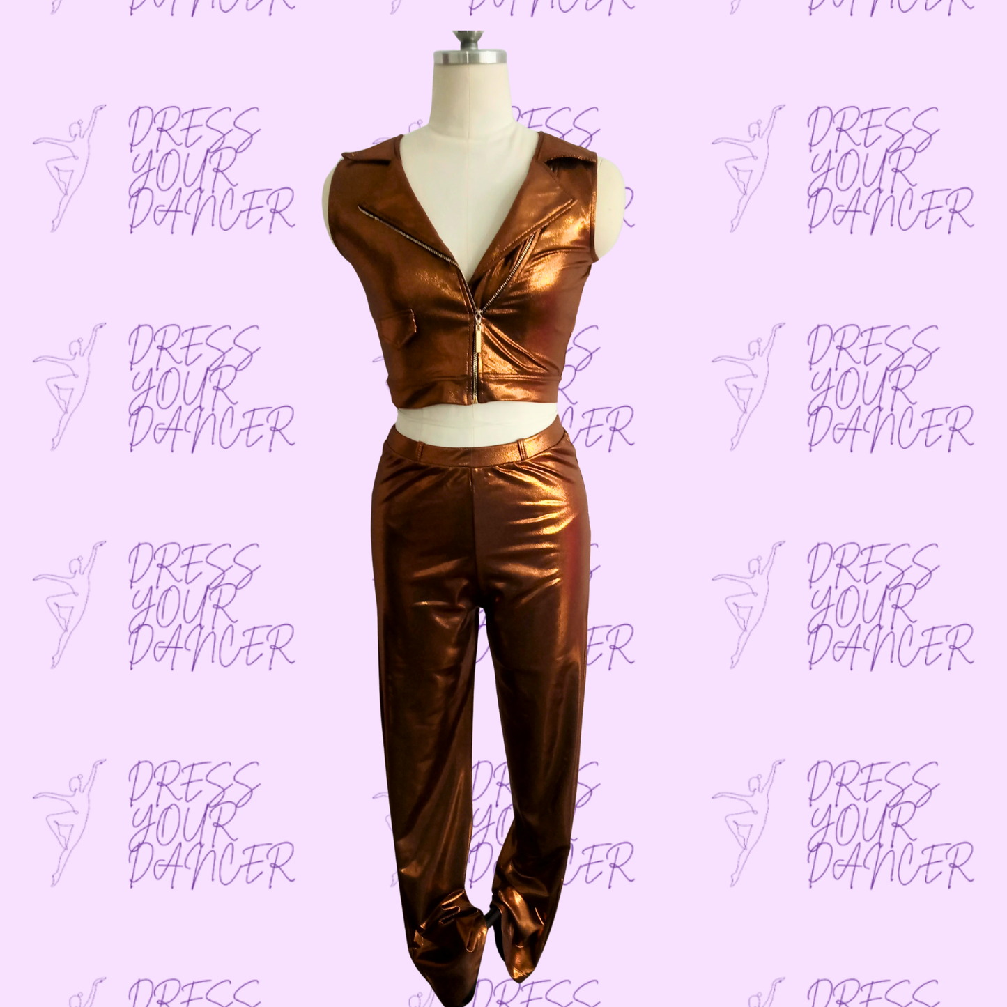 In Stock - Copper Holographic Dot Adult Small Levitating Two Piece Metallic Set Zip Front Crop Top High Waist Pants Jazz Hip Hop Outfit