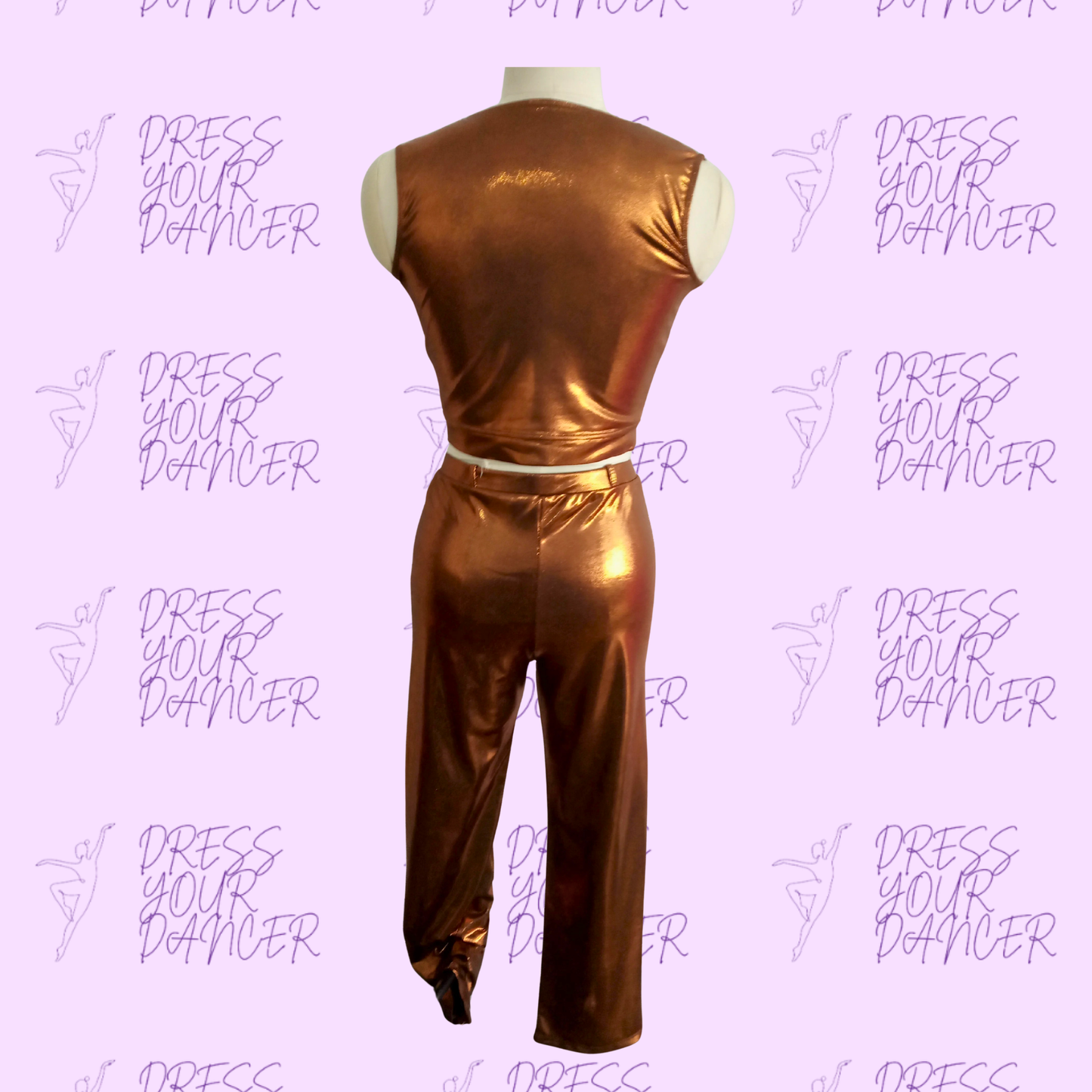 In Stock - Copper Holographic Dot Adult Small Levitating Two Piece Metallic Set Zip Front Crop Top High Waist Pants Jazz Hip Hop Outfit