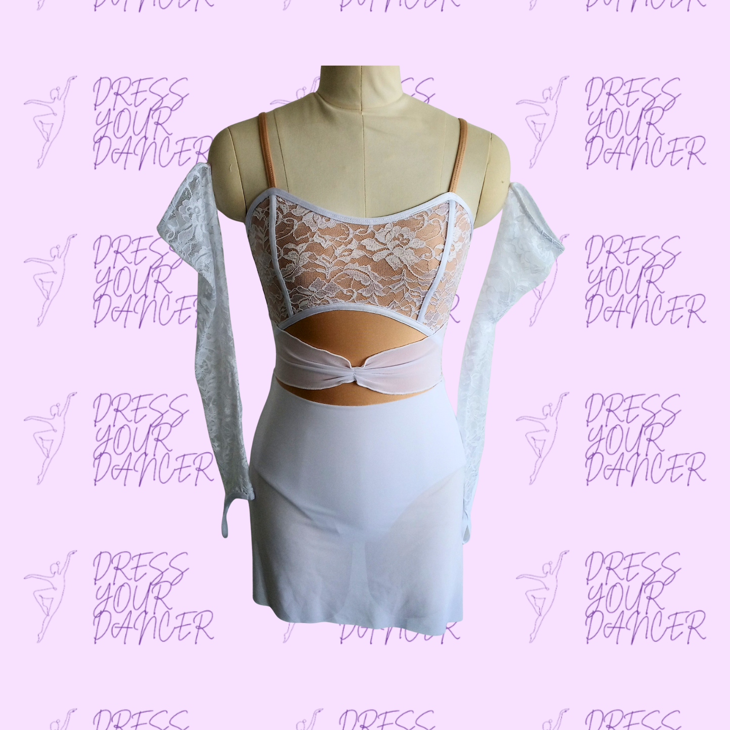 In Stock - White Adult Small Say You Won’t Let Go Lyrical Contemporary Dress Lace Bodice Cutout Waist Long Sleeve Overlay Skirt Outfit
