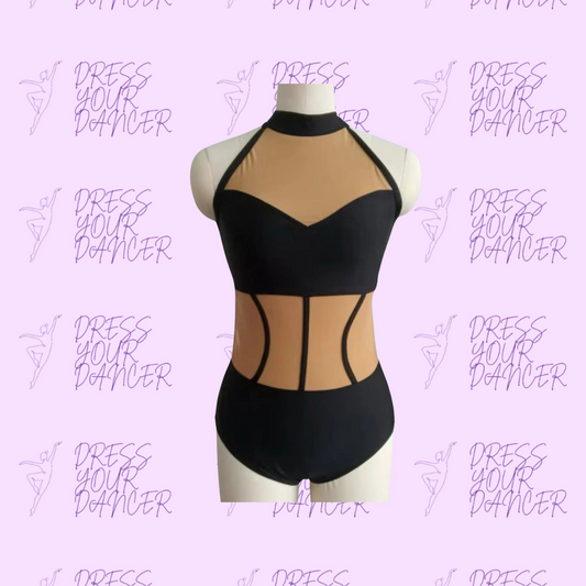 Electric Heartbeat Dance Costume – Sheer Mesh Cutouts with Sleek Contour Design for Contemporary & Jazz Performances Includes Skin Tone Mesh