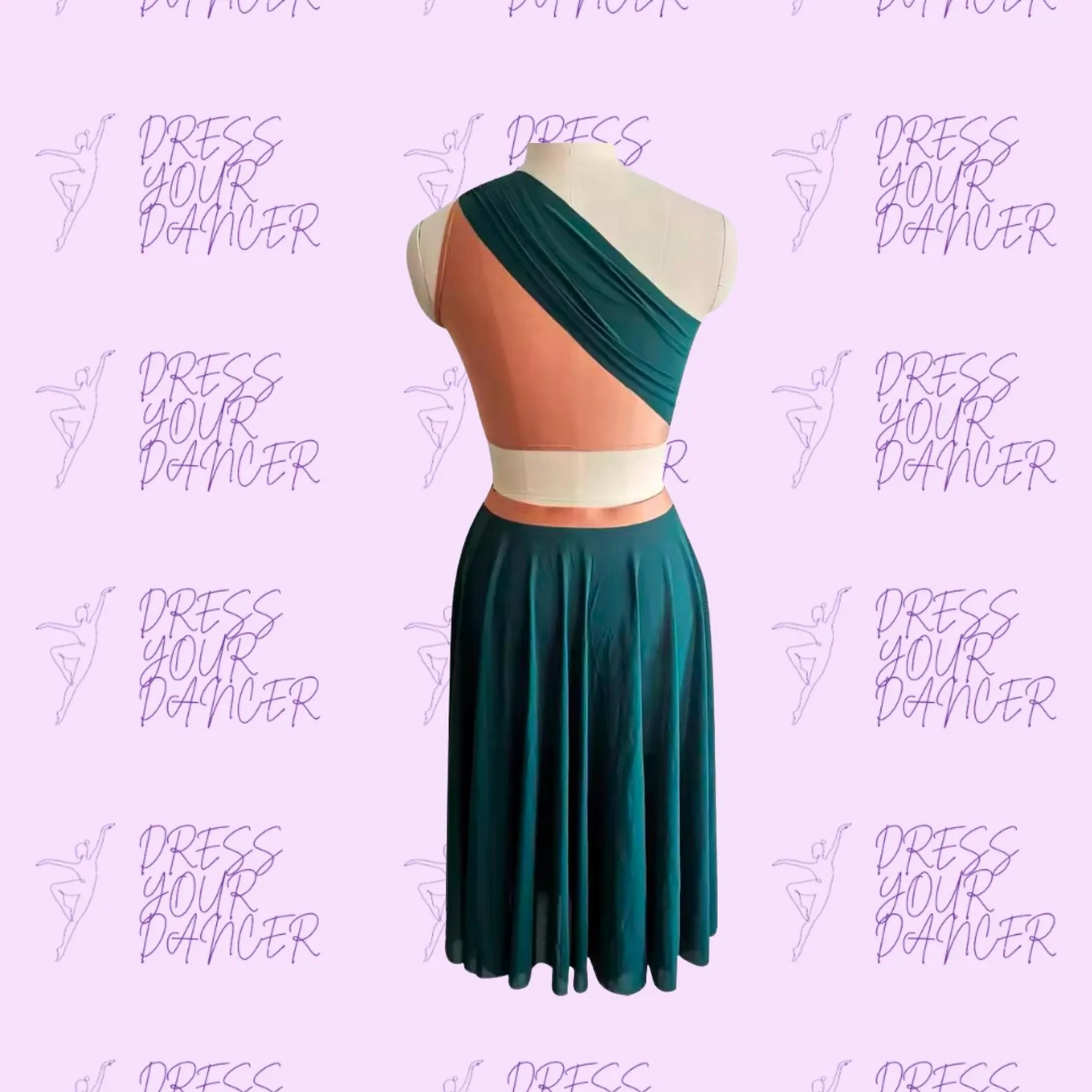 In Stock - Emerald & Coral Child Medium Wildest Dreams Dance Costume With Applique Two Piece Lyrical or Contemporary Outfit