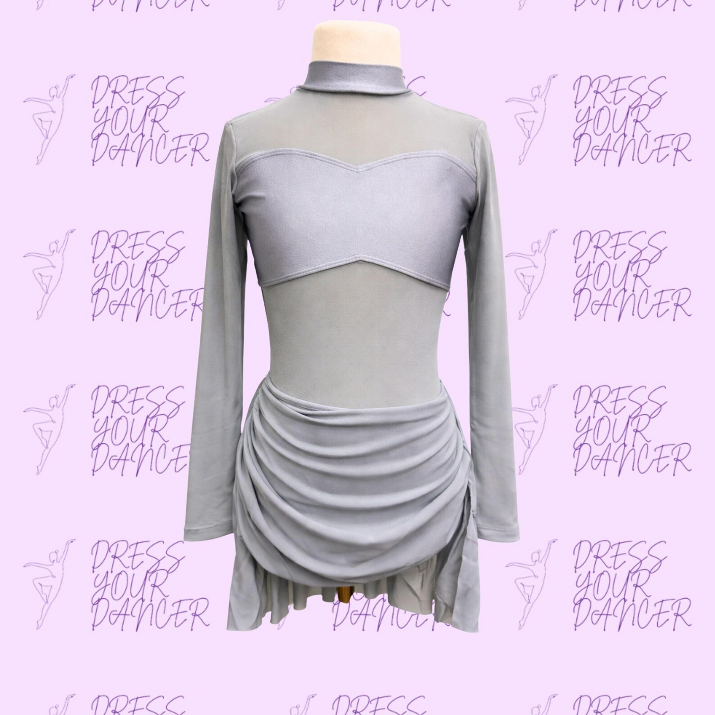 In Stock - Silver Gray Child Medium Unsteady Dance Costume - One Piece Costume With Long Sleeves Draped Front Skirt and Longer Back Skirt